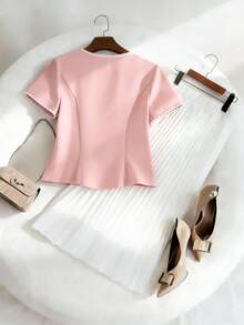 SHEIN LUNE Women's Summer Elegant White And Pink 2 Pieces Set,Short-Sleeved Pocket Top And Pleated Elastic Waist Long Skirt,Perfect For Office,Commuting,Brunch - Pink - View 2