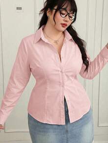SHEIN CovetEZ 大码性感简约修身显腰白衬衫 - 粉色 - 查看 3