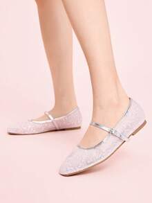 CUCCOO DOLLMOD Women's Shoes Silver Mesh Embroidery Decorative Flat Bottom Mary Jane Spring Shoes - silver white - View 3