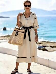 SHEIN Holidaya Đầm dài thanh lịch dành cho nữ, cổ chữ V sâu, thắt eo, buộc nơ. - Nhiều màu - Xem 8