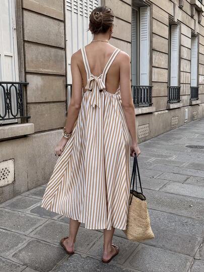 SHEIN PariChic Women's Romantic, Elegant, Casual Round Neck Sleeveless Apricot And White Striped Print Long Dress With Bow At The Back Vacation Dress, Beach Dress, New Spring/Summer Dress, Valentine's Day Dress, Work Dress, Birthday Dress, Bohemian Style Dress