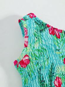 SHEIN 女童2件套：無袖細肩帶上衣+熱帶花卉印花層次荷葉邊裙，夏季海灘度假穿搭，女童禮拜裙 - 綠色 - 查看 5