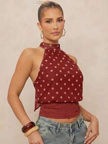 Lumalex 女士优雅红色波点网纱拼接针织面料圆领蝴蝶结无袖修身衬衫，春夏款 - 紅色 - 查看 2