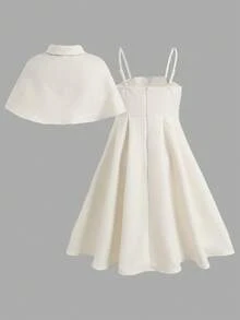 SHEIN Tween Girl Elegant Solid Color Floral Decor Shawl & Sleeveless Party Dress Set - Apricot - View 2