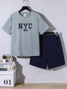 SHEIN 2件套青少年男童休闲宽松舒适品牌logo装饰短袖上衣和短裤套装，春夏款 - 彩色 - 查看 10
