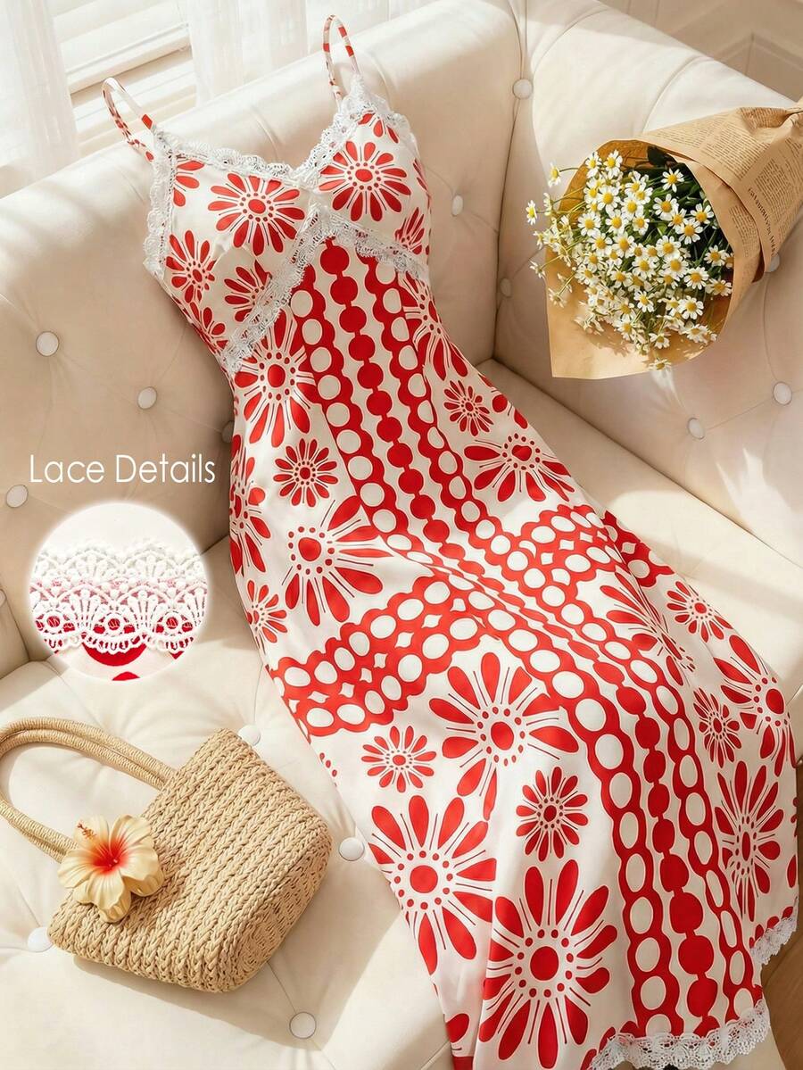 GlowEve 女士优雅无袖蕾丝拼接收腰红色波西米亚复古印花连衣裙，适合海滩度假和乡村风格穿着。 - 紅色 - 查看 1