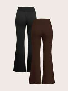 SHEIN EZwear 2条装女士新款抽绳腰喇叭裤运动裤，适合户外活动，女士正装裤，喇叭裤，阔腿裤，高腰女裤，女士正装裤，喇叭裤，阔腿打底裤 - 棕色 - 查看 2