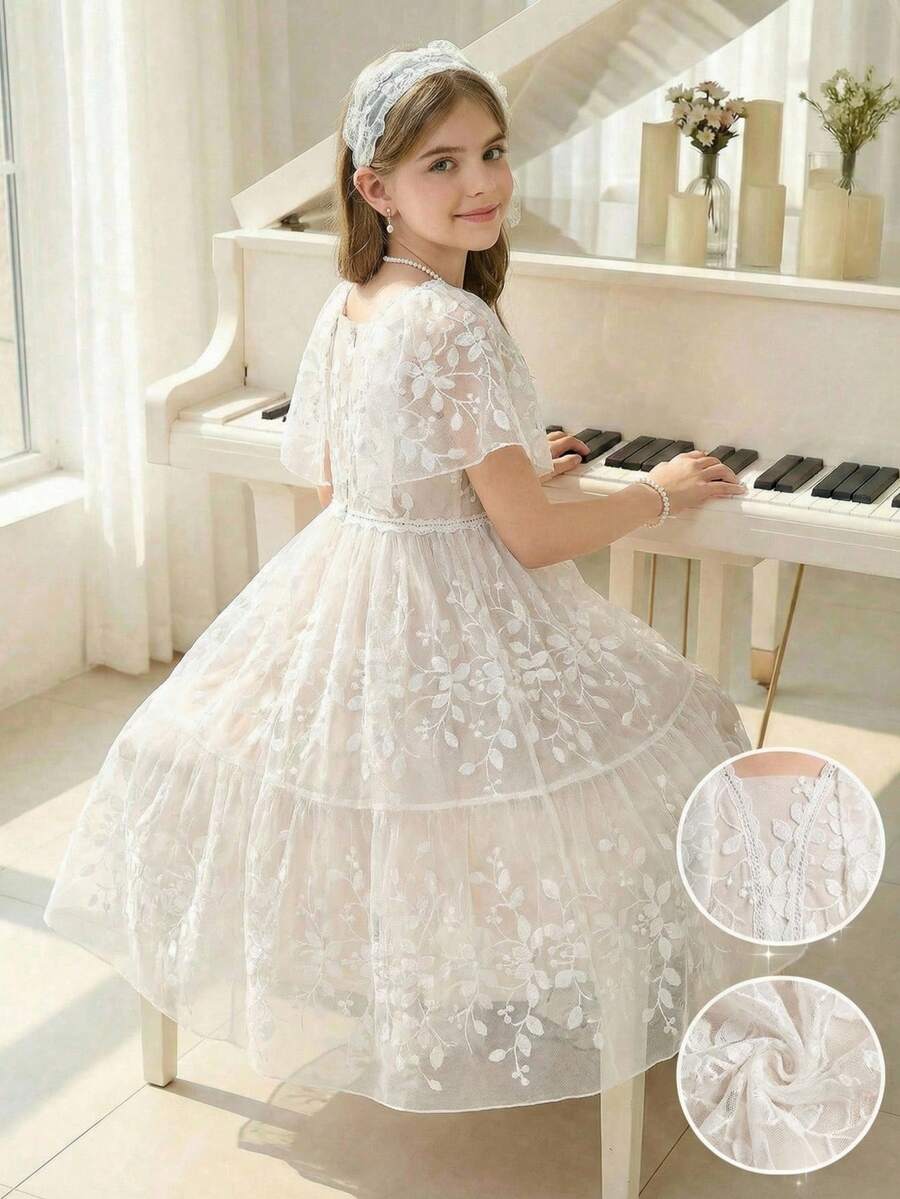 女童甜美蕾丝荷叶袖A字短裙,适合花童、婚礼、派对、生日、宴会等场合。 - 白色 - 查看 1