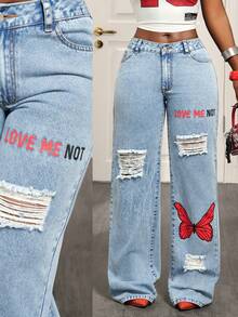 BamGleam 女士口袋纽扣字母蝴蝶图案做旧休闲百搭日常穿着阔腿牛仔裤 - 藍色 - 查看 1