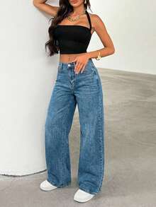 Cottnline High Waist Casual Fashion Blue Straight Loose Everyday Jeans - Medium Wash - View 3