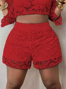 Maweii Valentine Plus Size Elegant Solid Color Lace Shorts, Summer - Red - View 1