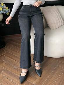 Dazy Plus Quần jeans dài ống loe ôm sát, màu đen mài, co giãn, đa năng cho mọi mùa. - màu đen - Xem 4