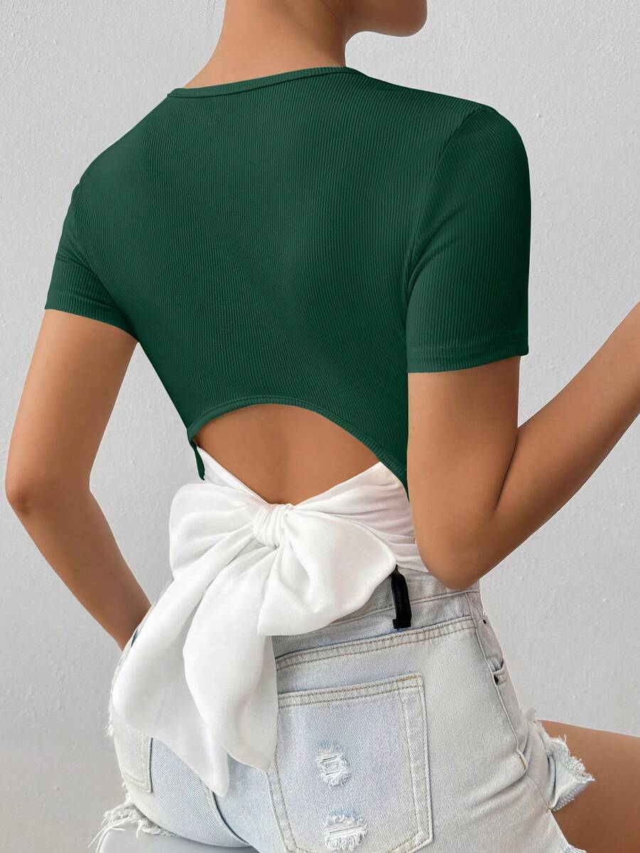 SHEIN Unity 女士撞色圆领短袖打结腰身修身T恤 - 墨綠色 - 查看 1