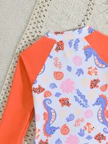 SHEIN Traje de baño de una pieza con cremallera, de manga larga y estampado de palmeras de la isla, para niñas pequeñas. Traje de baño con protección solar y manga raglán con volantes, lindo - Multicolor - Ver 7