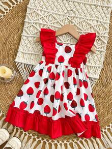 SHEIN Đầm hè dễ thương cho bé gái với họa tiết dâu tây, phối màu, viền bèo nhún. - Đỏ - Xem 2