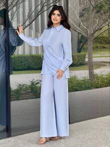 Veilorie Women's Elegant Casual Vacation Daily Commute Simple Solid Color Drawstring Tie Long Sleeve Shirt And Wide Leg Pants 2-Piece Set, Spring/Autumn - Blue - View 6