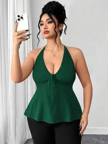 Elenzga 大码女士优雅性感吊带背心，通勤百搭，后背采用弹性设计，修身显瘦，适合日常外出、通勤和约会。 - 綠色 - 查看 3