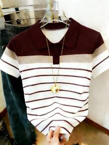 Resyla Women's Striped Print Polo Shirt, Short Sleeve T-Shirt - Multicolor - View 3