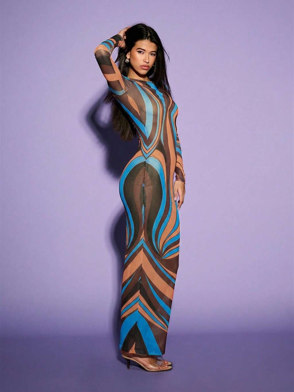 Vestido Longo Transparente de Manga Longa com Estampa em Tela de Malha KIZN