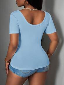 Slaydiva 2025 Plus Size Women Light Blue Summer Smart Casual Everyday Deep V-Neck Ribbed T-Shirt,Sleeveless Racerback Workout Tops,Office Work Clothes Blouses - Sky Blue - View 3