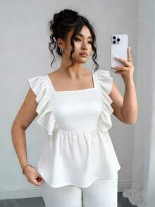 Elenzga Blusa de mujer talla grande con cuello cuadrado y ribete de volantes en unicolor - Blanco - Ver 4