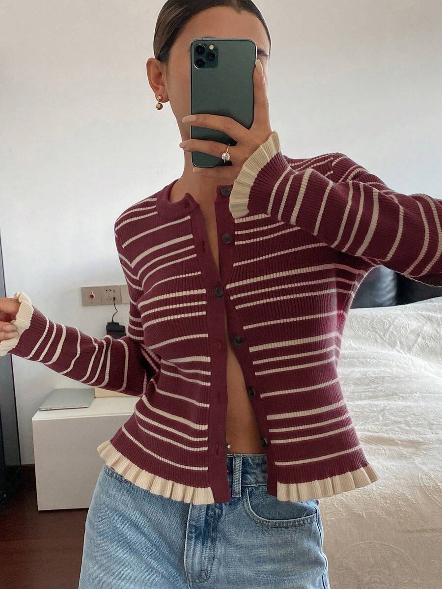 Livesso Women's Casual Striped Frill Trim Cardigan, Autumn/Winter - Burgundy - View 1
