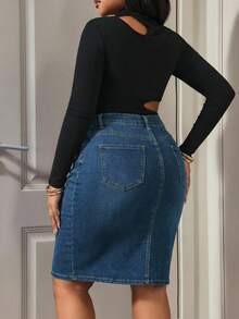 Slaydiva Gonna di jeans casual con orlo sfrangiato e blocchi di colore, taglie comode - Blu lavato scuro - Visualizzare 2