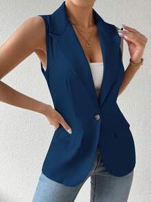 Ellegaria. Women's Casual Blue Lapel Sleeveless Regular Length Button Vest - Blue - View 8