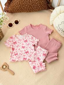 SHEIN Kids Dozemod 四件套休闲蝴蝶结图案荷叶边圆领短袖上衣和裤子针织罗纹睡衣套装，适合新生女童，夏季印花 - 粉色 - 查看 5