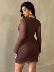Auralis Plus Size Women's Ruched Bodycon Mini Dress,Chocolate Brown,Autumn,Elegant,Night Out Club Long Sleeve Mesh Sheer Clubwear,Formal Party Mermaid - Brown - View 2