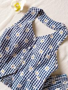 SHEIN 2pcs/Set Spring/Summer Teen Girls Elegant Casual Halter Shirt & Textured Print Wide Leg Pants Set, Suitable For Daily, Commute, Leisure, Vacation, Gathering, Beach - Blue - View 4