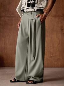 AKNOTIC Business Casual Men's Casual Loose Elastic Waist Barrel Leg Chino Pants, Suitable For Summer, Vacation, Daily Wear, Party, Couple, Men's Gift - Olive Green - View 2