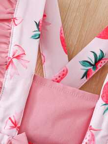 SHEIN Đầm liền thân không tay in hình bánh donut và kẹo ngọt cho bé gái, điểm nhấn là nơ trang trí, viền bèo nhún, thích hợp cho mùa hè. - Hồng - Xem 4