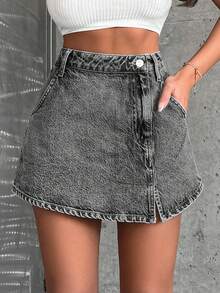 EURMUSE 100%Cotton Rigid, Slit Detailed Skort Fit - Light Grey - View 3
