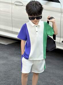 SHEIN 2-Pack Young Boys' Casual Sports Retro Loose-Fitting POLO Shirt And Shorts Set,Multi-Color Stitching Japanese & Korean Style Summer Kids Outfits - White - View 6