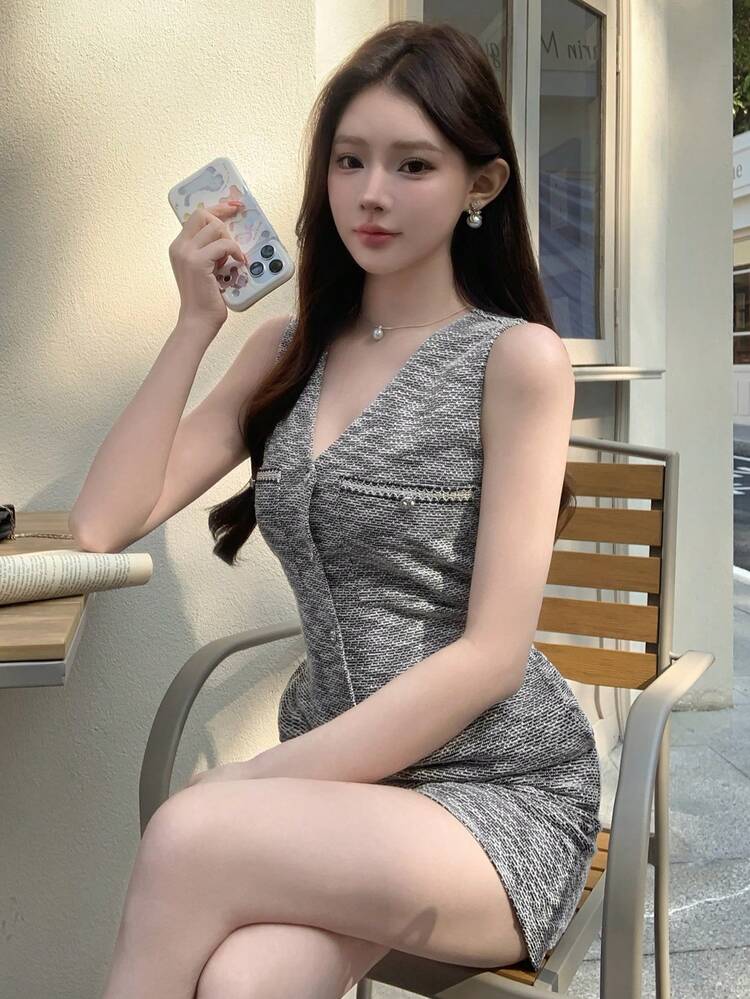 Spring & Summer Plaid Metal Buckle Decor Shiny Valentine's Day, Wedding, Banquet, Ball Gown, Fashion Party, Elegant Commute Sleeveless Romper Lounge Sets For Women