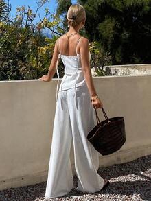 DAZY Women's Striped Camisole Top And Loose Pleated Wide Leg Pants Vacation Style Denim Set - White - View 6