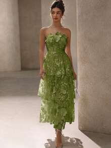 BELROSIE Solid Color Luxurious High-End Party Floral 3D Strapless Dress, Suitable For Spring And Summer, Valentine's Day - Green - View 4