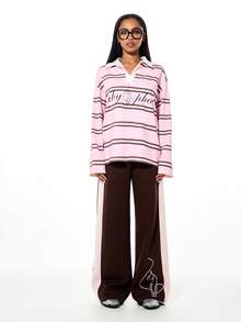 BABYPHAT Logo Stripe Oversized Long Sleeve Collared Polo Rugby Top With Graphic Print Front - Baby Pink - View 3