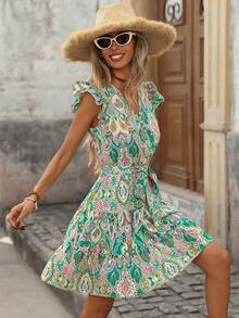 Brillora 女士时尚休闲优雅浪漫印花连衣裙，春夏女士印花连衣裙，女士绿色连衣裙 - 綠色 - 查看 9