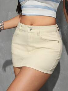 SHEIN PETITE Minifalda vaquera casual de uso diario para mujer con bolsillos y botones - Albaricoque - Ver 4