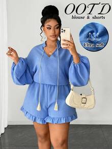 Maweii Ensemble chemise et short grande taille, élégant, uni, en tissu texturé tissé, col montant, manches bouffantes, col à nouer, épaules tombantes, ourlet à volants, taille élastique. Nouveauté grande taille. Idéal pour les soirées, les sorties, les rendez-vous galants, la Saint-Valentin, les vacances ou toute autre occasion. Pièce tendance et polyvalente. - Multicolore - Voir 1