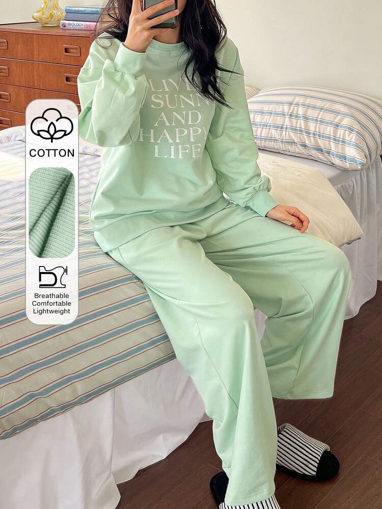 2pcs Women Graphic Print Loose Fit Long Sleeve Sweatshirt And Straight Leg Pants Pajama Set, Autumn/Winter