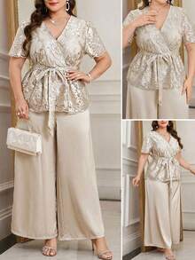 SHEIN Clasi Bộ trang phục công sở thường ngày dành cho nữ cỡ lớn: Áo tay ngắn cổ chữ V, chất liệu jacquard, thiết kế thắt eo, kết hợp với quần ống rộng. - Vàng - Xem 12