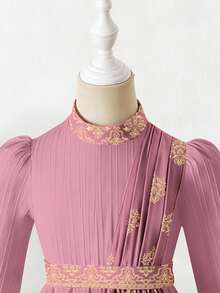 少女刺绣腰带优雅长袖连衣裙，充满中东风情 - 彩色 - 查看 4