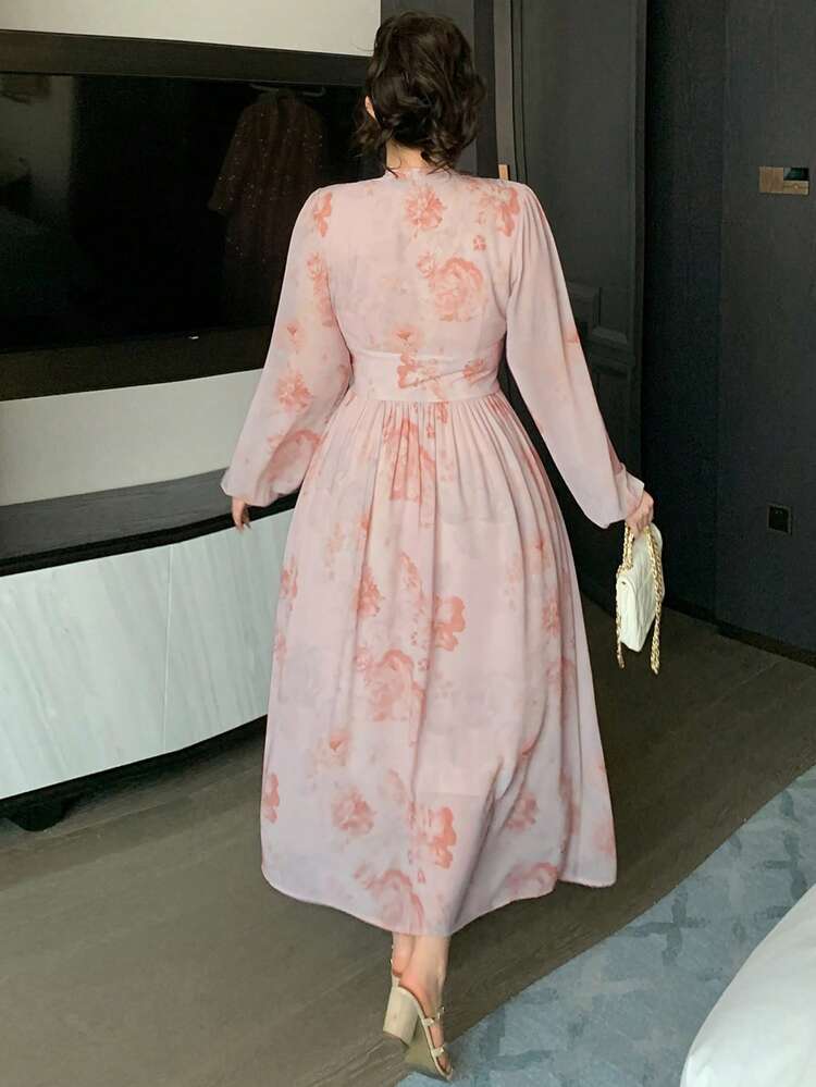 Dazy Plus Floral Print V-Neck Waist Slimming Elegant Chiffon Long Sleeve Maxi Dress, Plus Size, Vacation Style Sundress