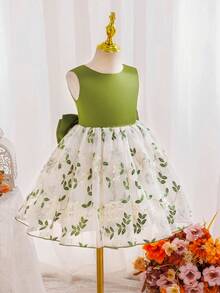SHEIN Glamorique Kids 女童白色蝴蝶结腰身V领露背刺绣优雅派对连衣裙，适合所有季节 - 綠色 - 查看 7