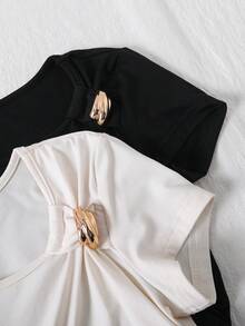 Elladie kids Tween Girl 2-Pieces Asymmetric Hem Ruched T-Shirts , Stylish Short-Sleeve Tops Featuring Decorative Shoulder Details. - Black and White - View 3