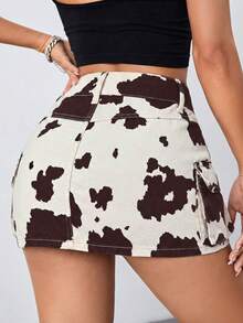 SHEIN ICON 女士复古休闲奶牛印花开衩口袋牛仔迷你裙，夏季 - 彩色 - 查看 2