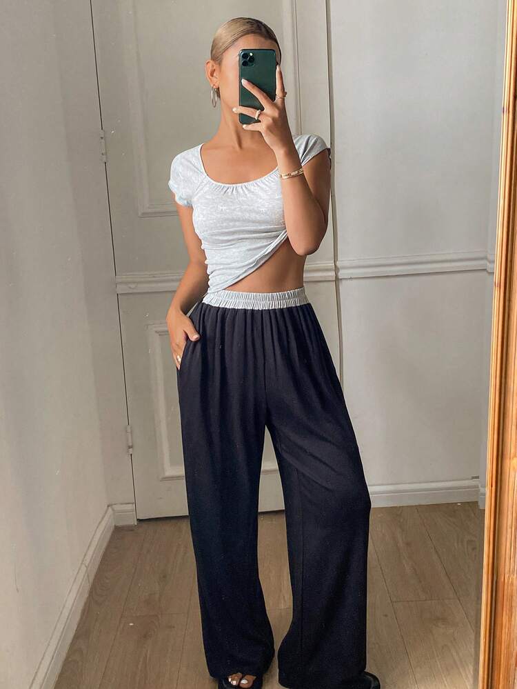 French Pleated Loose Knit Top & Wide Leg Pajama Pants Women Sleepwear Set